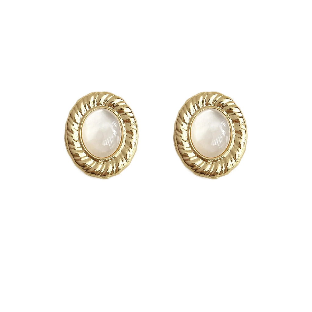 French Vintage Real Shell Oval Geometric Twist Edge 14K Plated Stud Earrings For Women
