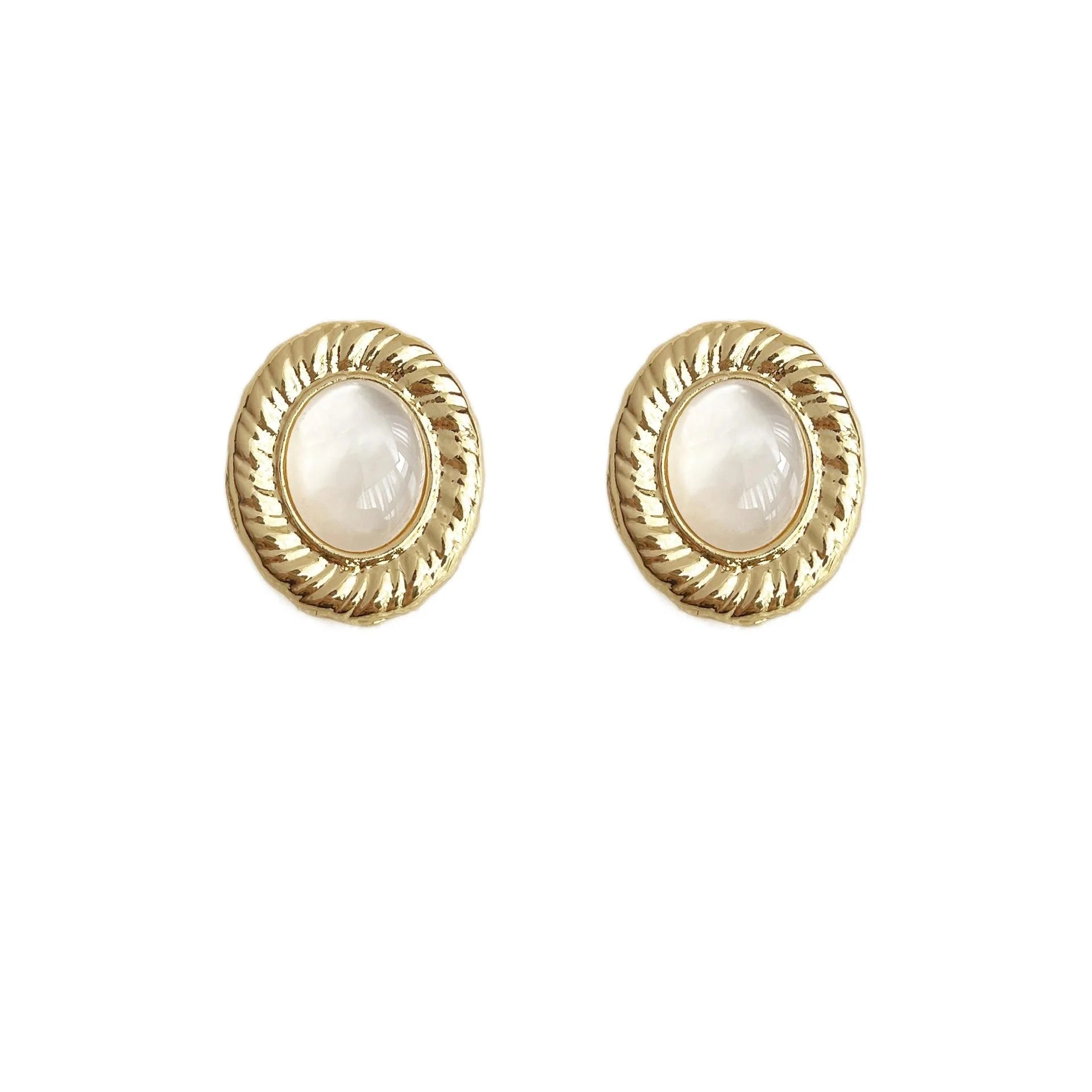 French Vintage Real Shell Oval Geometric Twist Edge 14K Plated Stud Earrings For Women