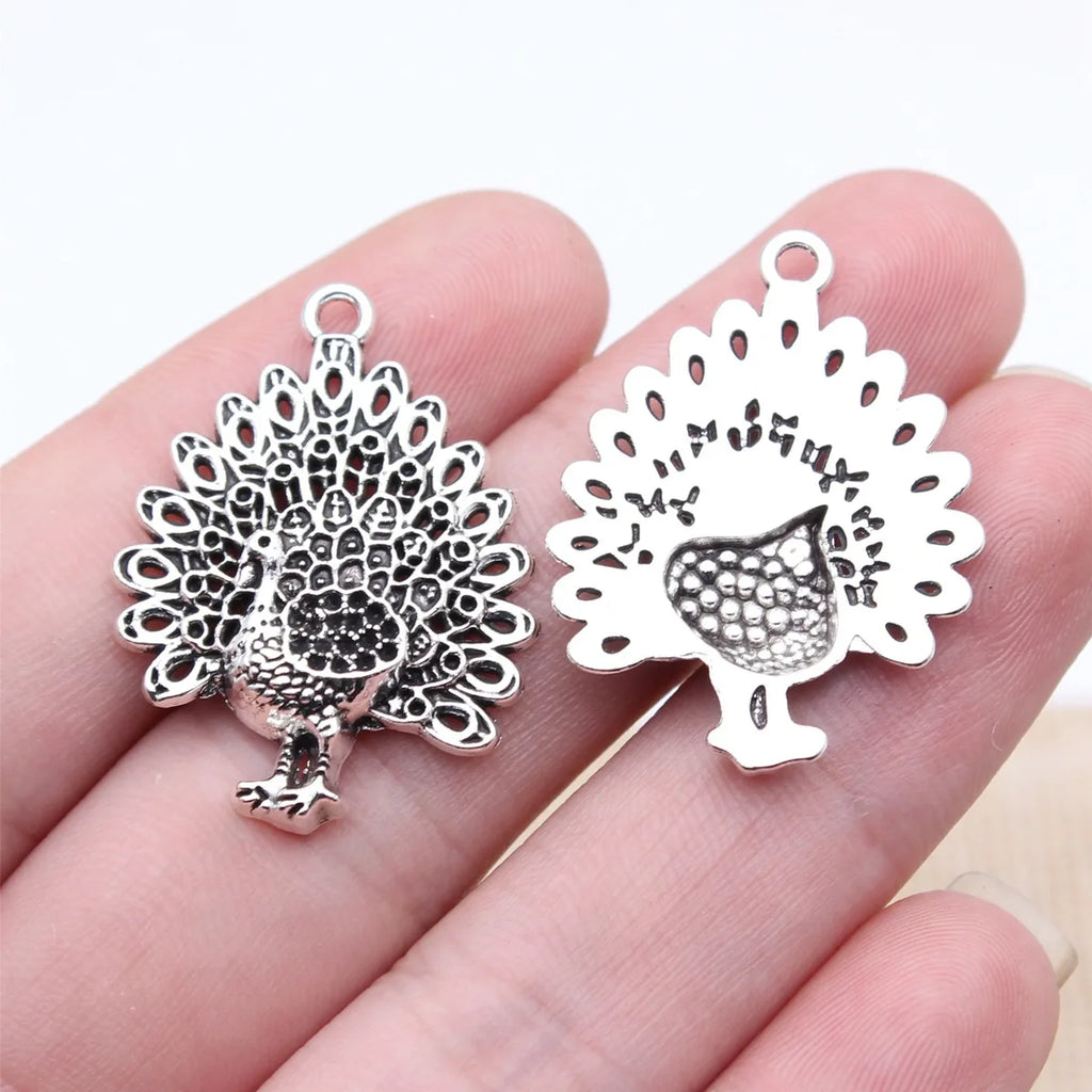 30x22mm 2.2g Antique Silver Zinc Alloy Peacock Charm Pendant with Rhinestone Holes for DIY Jewelry
