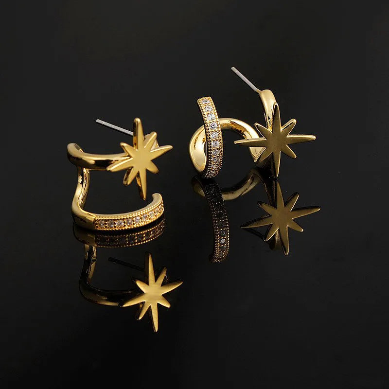 Elegant Silver Alloy Starburst Crescent Hoop Rhinestone Stud & Clip On No Piercing Earrings