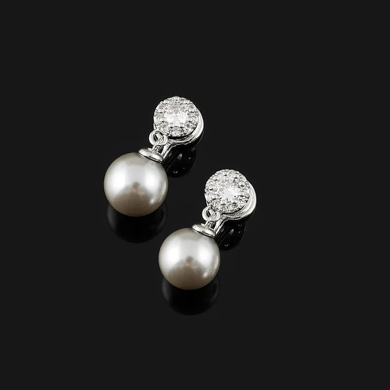 Elegant Silver Gray Pearl Drop With Rhinestone Halo Alloy Stud & Clip On No Piercing Bridal Earrings