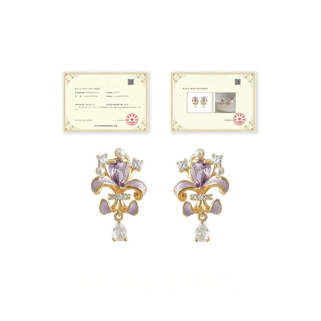 Enamel Painted Iris Flower Zircon Copper Stud Earrings, Forest Style