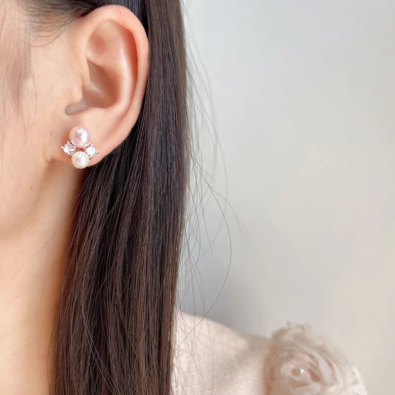 Elegant Pink Pearl Rhinestone Cluster Spiral Stud & Clip On No Piercing Korean Fashion Earrings