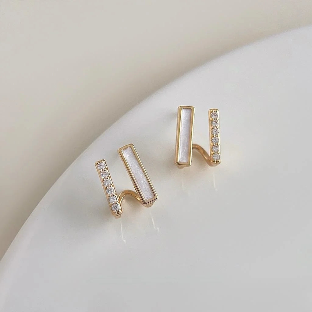 14K Gold Plated Copper Geometric Line Micro Pave Zircon Stud Earrings Minimalist Luxury Design