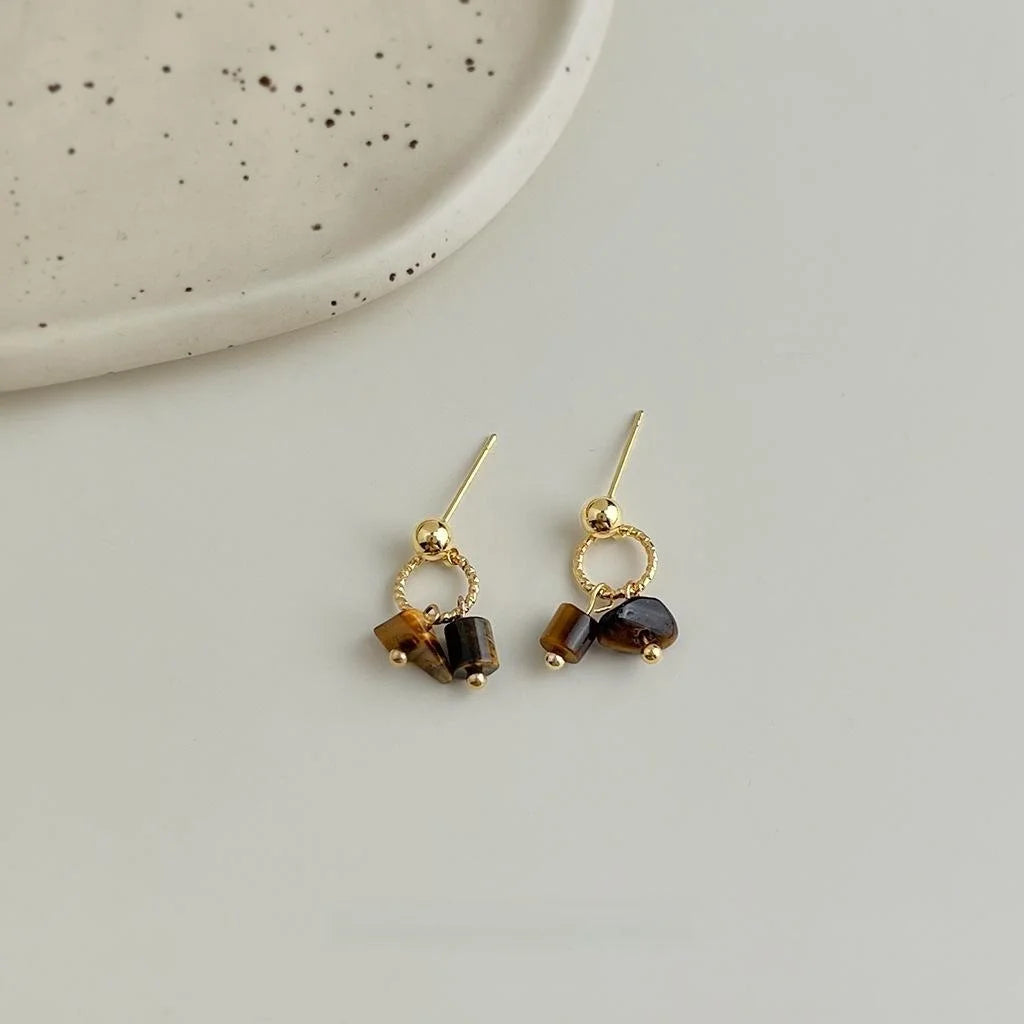 Natural Tiger Eye Stone Geometric Drop Earrings Old Money Minimalist Designer Jewelry For Women