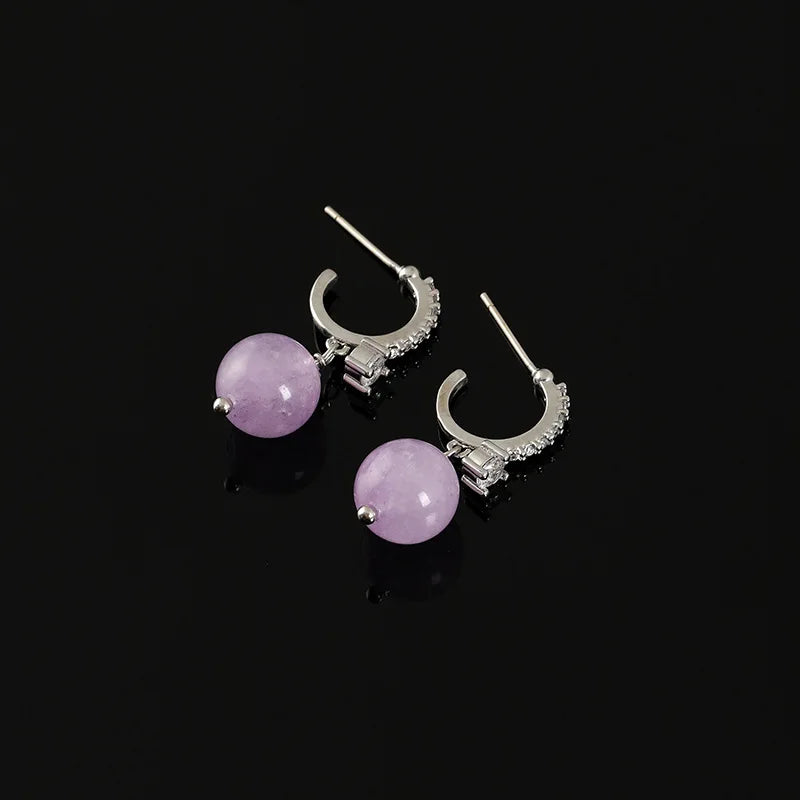 Elegant Purple Amethyst Round Bead Drop Alloy Zircon Stud & Clip On No Piercing Dangle Earrings