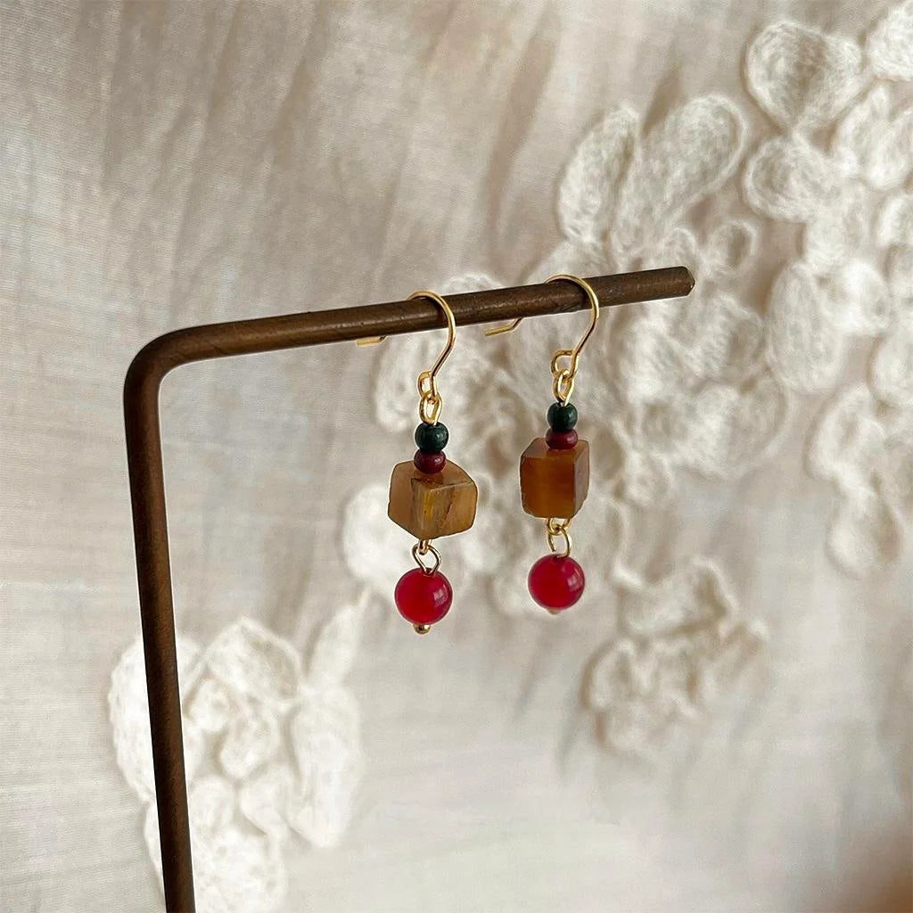 Handmade Natural Stone Tiger Eye Red Agate Geometric Vintage Ethnic Drop Earrings
