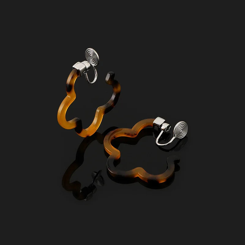 Vintage Amber Tortoiseshell Flower Swirl Alloy Stud & Clip On No Piercing Statement Hoop Earrings