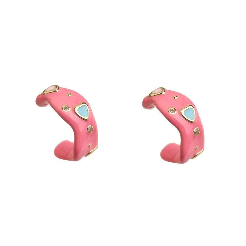 Colorful Enamel C-Shaped Heart Geometric Eco Copper Drop Earrings Sweet Silver Plated Pin Jewelry