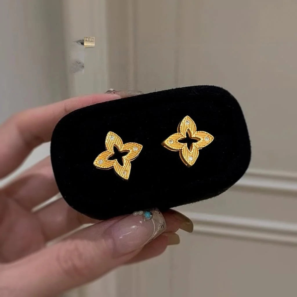 Copper Zircon Hollow Flower Geometric Stud Earrings Minimalist Light Luxury