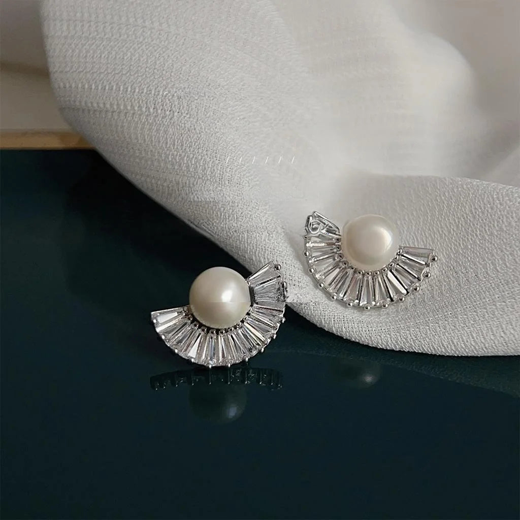 Light Luxury Geometric Fan Freshwater Pearl Micro Pave Zircon Copper Drop Earrings