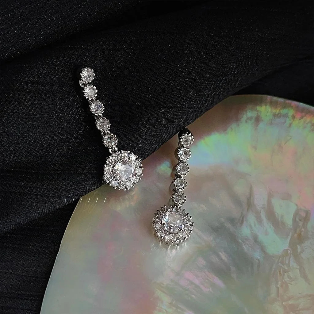 Light Luxury Geometric Sunflower Zircon Copper Long Tassel Drop Earrings For Women
