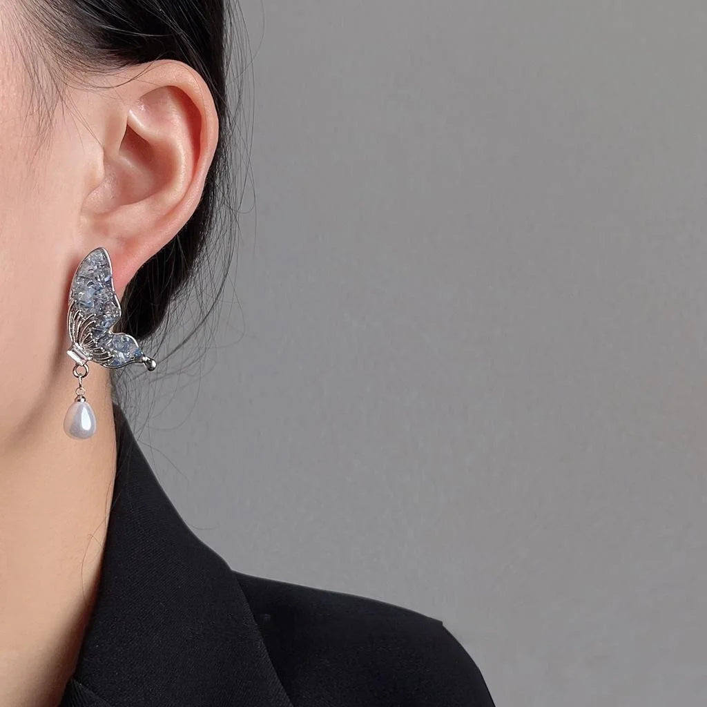Glass Crystal Butterfly Stud Earrings Silver Plated Pin Light Luxury Spring Jewelry