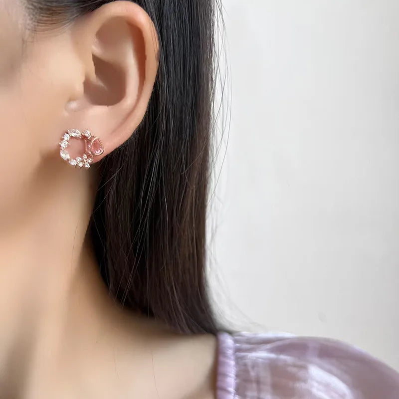 Elegant Pink Tulip Wreath Zircon Stud & Clip On No Piercing Rose Gold Floral Hoop Earrings
