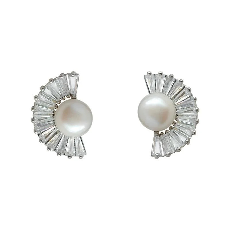 Light Luxury Geometric Fan Freshwater Pearl Micro Pave Zircon Copper Drop Earrings