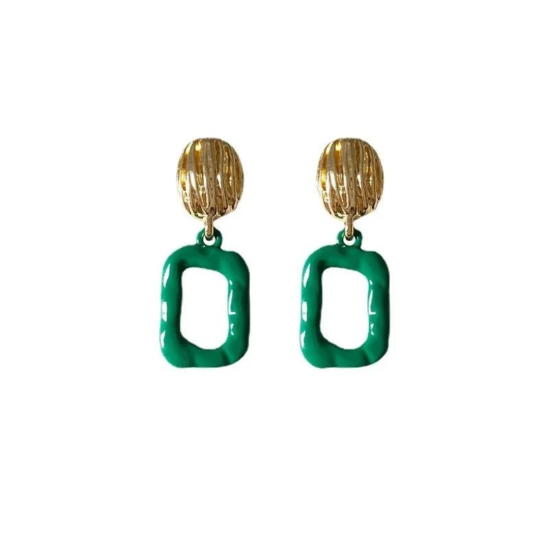 French Vintage Copper Hollow Enamel Geometric Square Stud Earrings With Ring Line Design