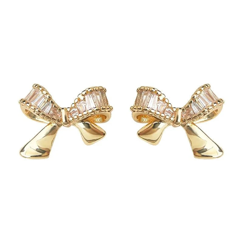 14K Gold Plated Copper Micro Pave Zircon Bow Stud Earrings Light Luxury Minimalist Jewelry