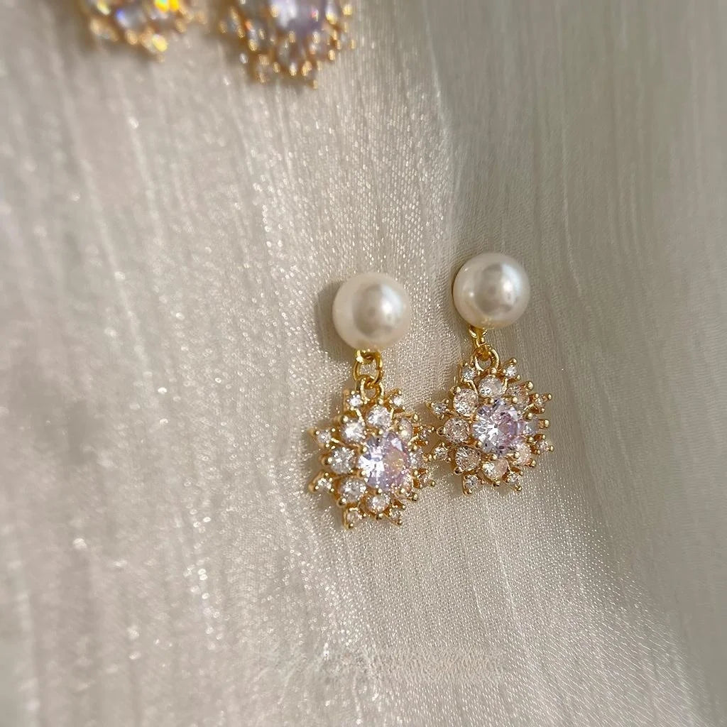 Light Luxury Zircon Snowflake Glass Pearl Star Drop Earrings Handmade Fashion Jewelry