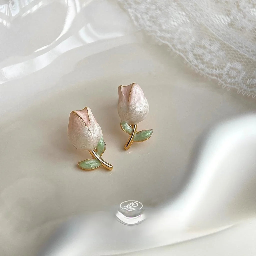 Sweet Gradient Pink Tulip Stud Earrings Alloy Floral Korean Style Cute Flower Jewelry for Women
