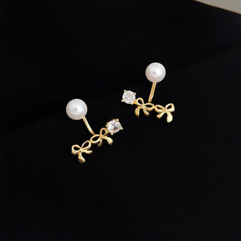 Korean Style Two Way 14K Plated Copper Bow Pearl Zircon Glass Stud Earrings