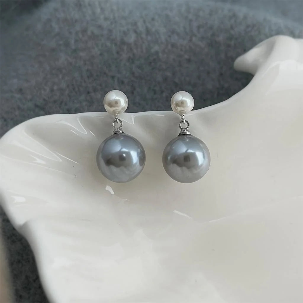 High Gloss Gray Glass Pearl Geometric Round Drop Earrings Copper Old Money Style