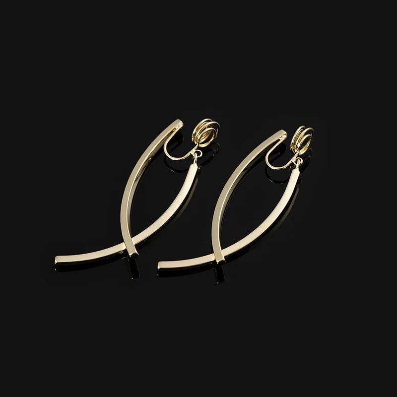 Elegant Smooth Alloy Crossed Arc Hoop Stud & Clip On No Piercing French Minimalist Drop Earrings