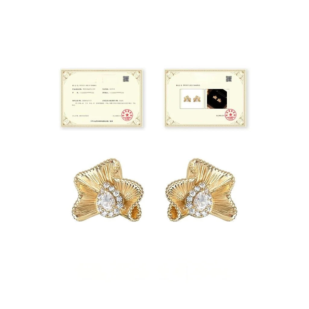 Silver Plated Copper Stud Earrings Micro Pave Zircon Abstract Pleated Geometric Wave Design