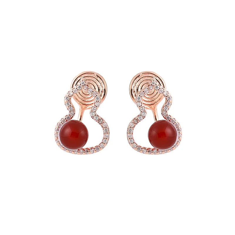 Luxury Red Agate Gourd Shape Zircon Alloy Stud & Clip On No Piercing Women's Earrings
