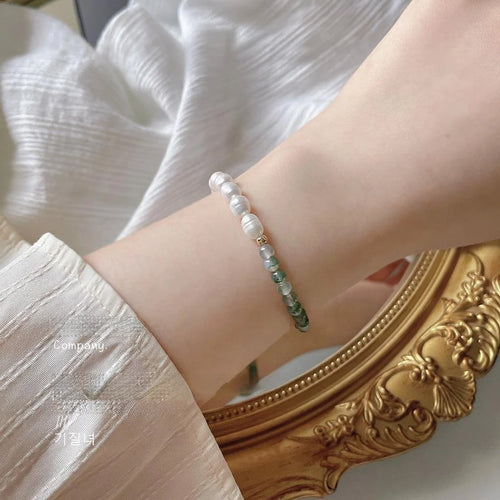 French Light Luxury Freshwater Pearl And Water Grass Jade Geometric Handmade Bracelet