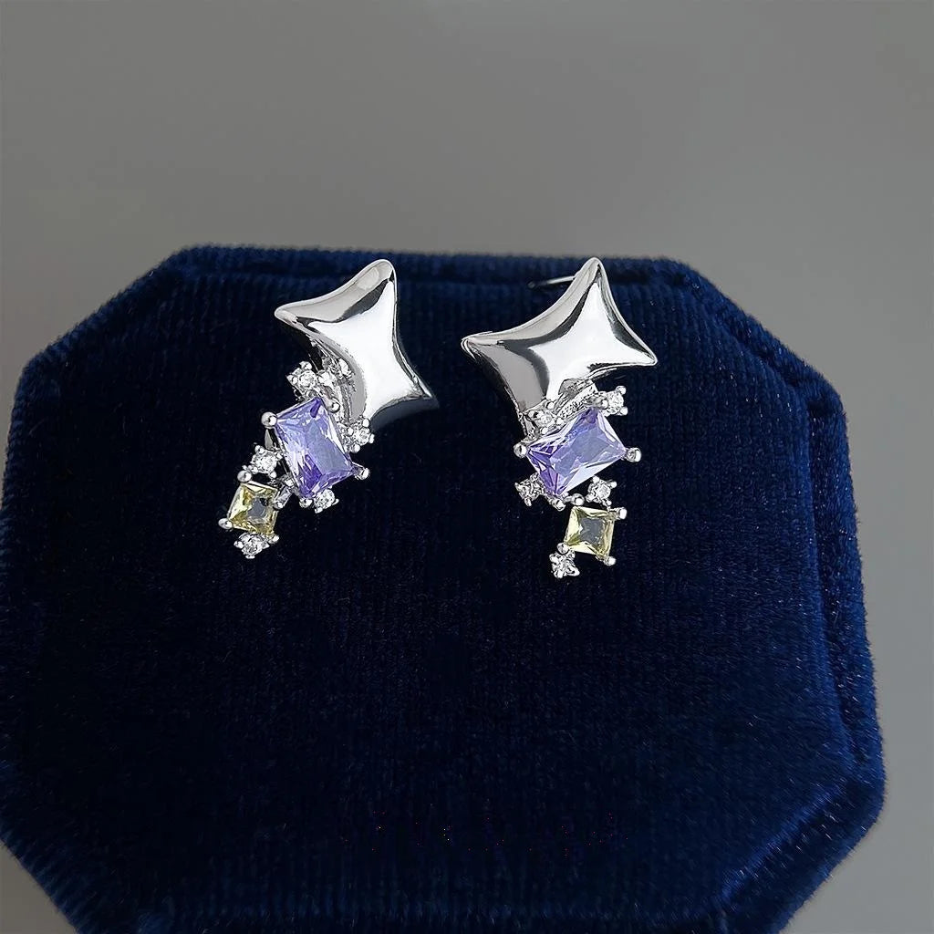 Eco-Friendly Copper Micro Pave Zircon Purple Geometric Square Stud Earrings Sweet Cool Metal Style