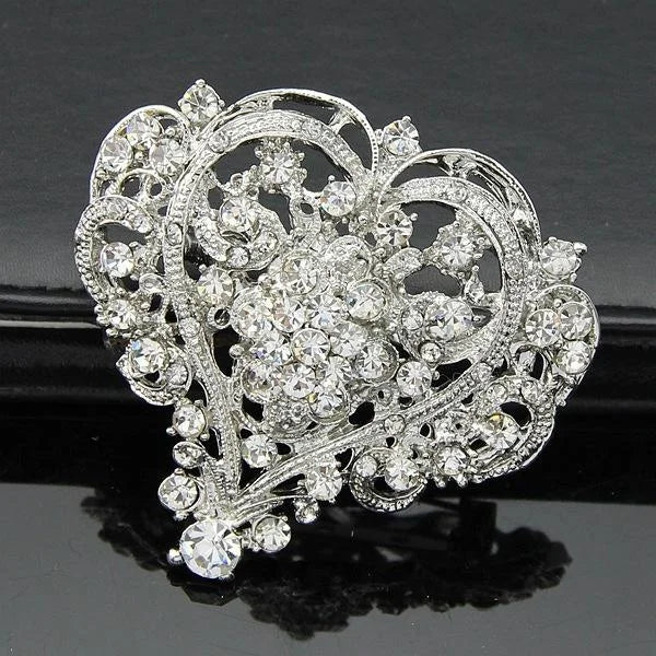 Luxury Large Heart Rhinestone Alloy Brooch For Women, Elegant Bridal Corsage Lapel Pin Suit Accessory