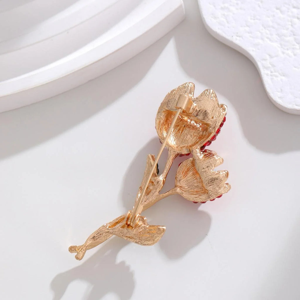 Luxury Red Rhinestone Tulip Flower Brooch, Gold Tone Alloy Floral Lapel Pin Corsage Gift For Women