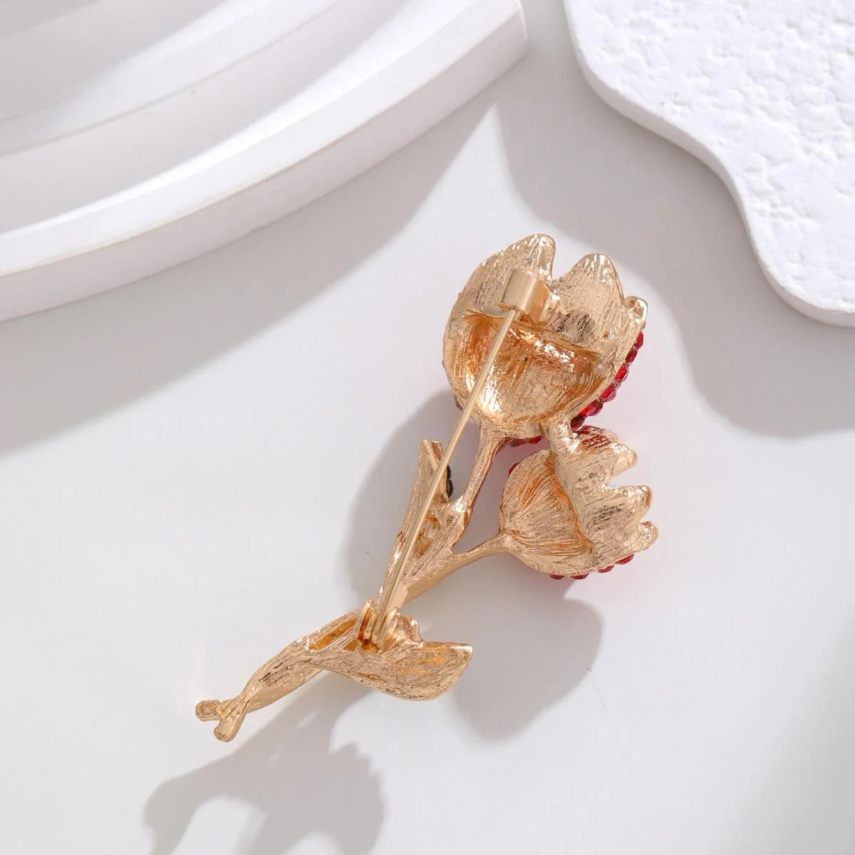 Luxury Red Rhinestone Tulip Flower Brooch, Gold Tone Alloy Floral Lapel Pin Corsage Gift For Women
