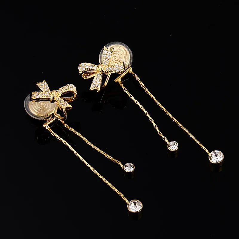 Elegant Zircon Bow Tassel Chain Stud & Clip On No Piercing Luxury Gold Alloy Drop Earrings
