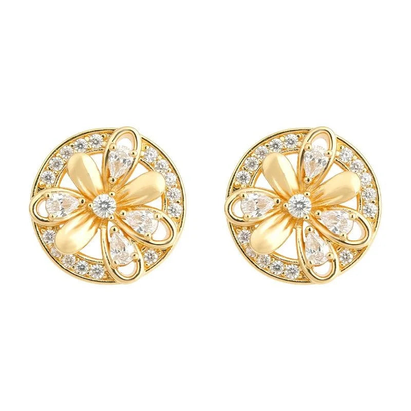Old Money Vintage Floral Round Zircon Micro Pave Copper Stud Earrings
