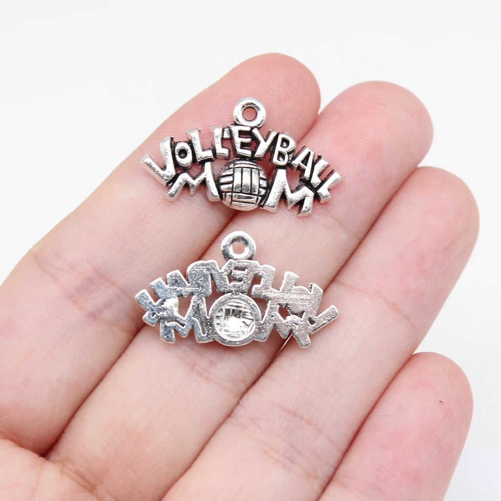 25x14mm 1.4g Antique Silver Zinc Alloy Volleyball MOM Charm Pendant for DIY Sports Jewelry Making