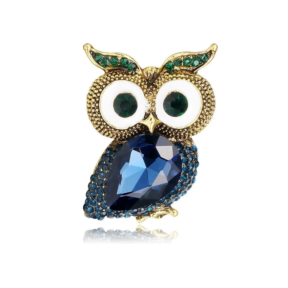 Vintage Big Eye Owl Brooch With Red Rhinestone Crystal, Gold Tone Alloy Animal Lapel Pin Coat Gift