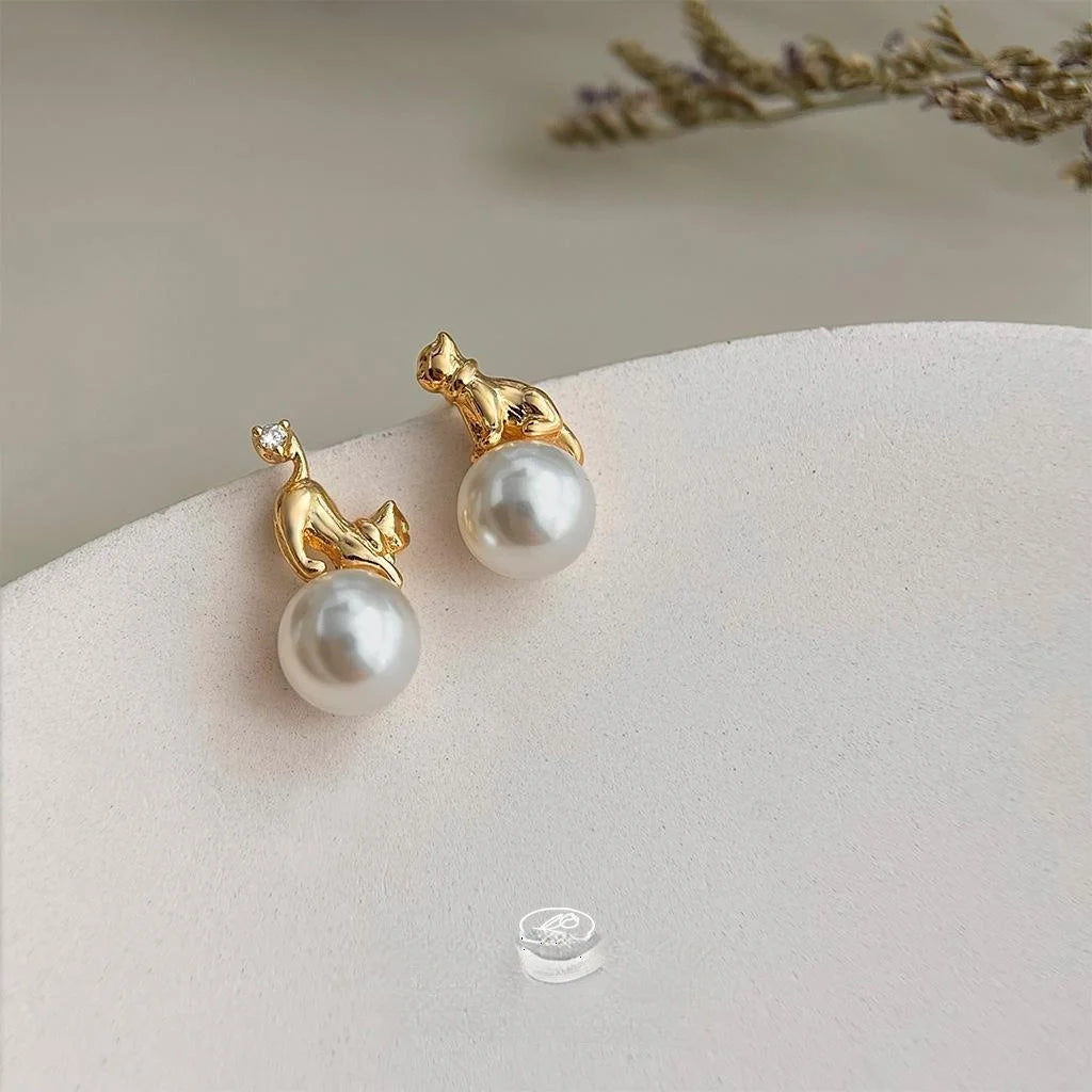 14K Gold Plated Copper Pearl Asymmetric Cat Stud Earrings For Women Instagram Style Animal Jewelry