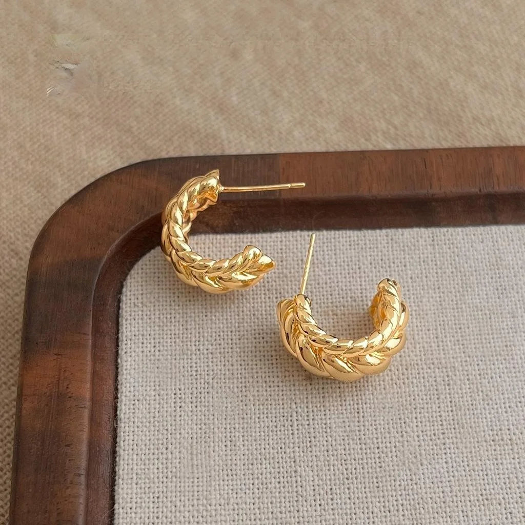 14K Gold Plated Copper Twisted C Shape Geometric Hoop Earrings