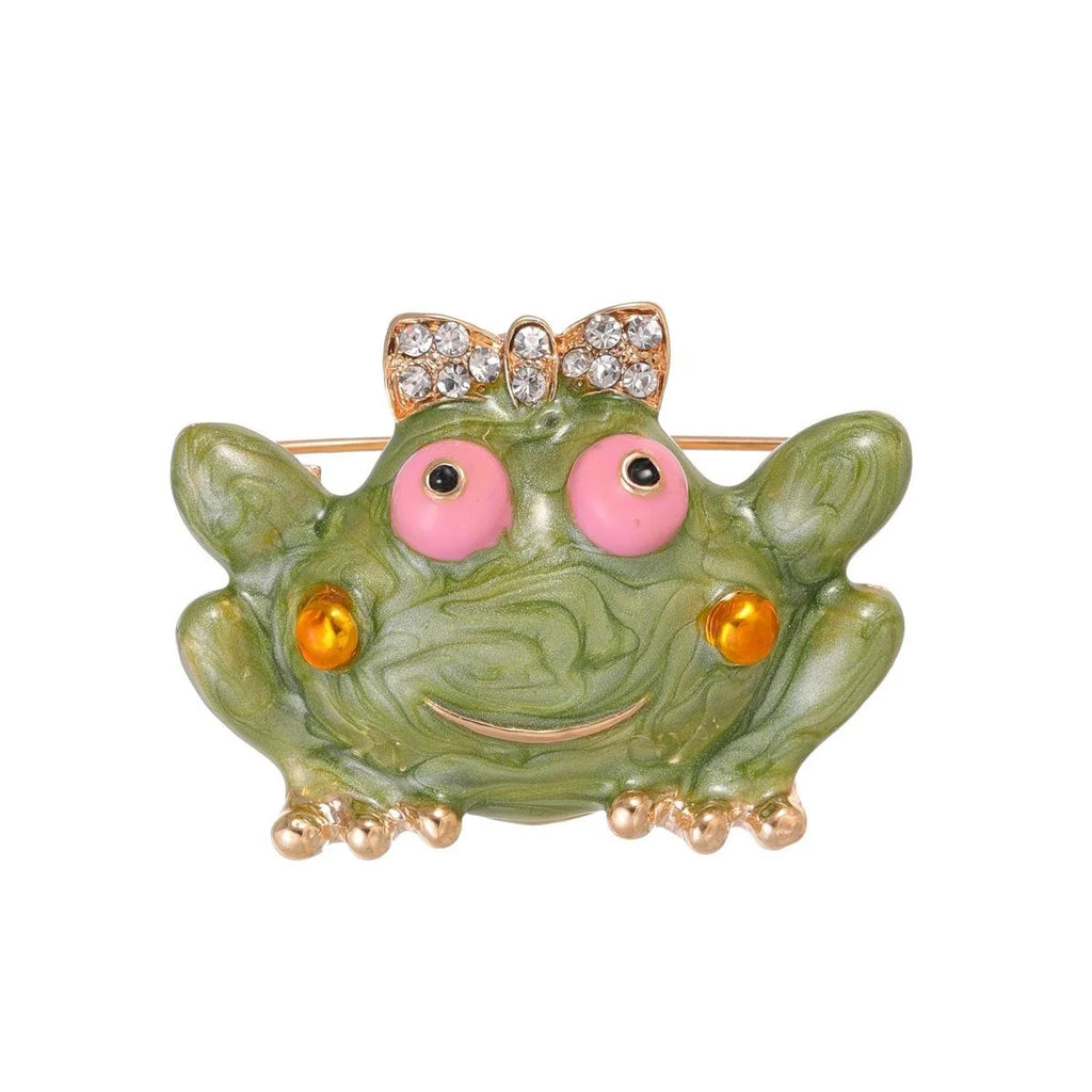 Cute Green Frog Brooch With Rhinestone Bow Enamel Alloy Lapel Pin For Suit Accessory Gift
