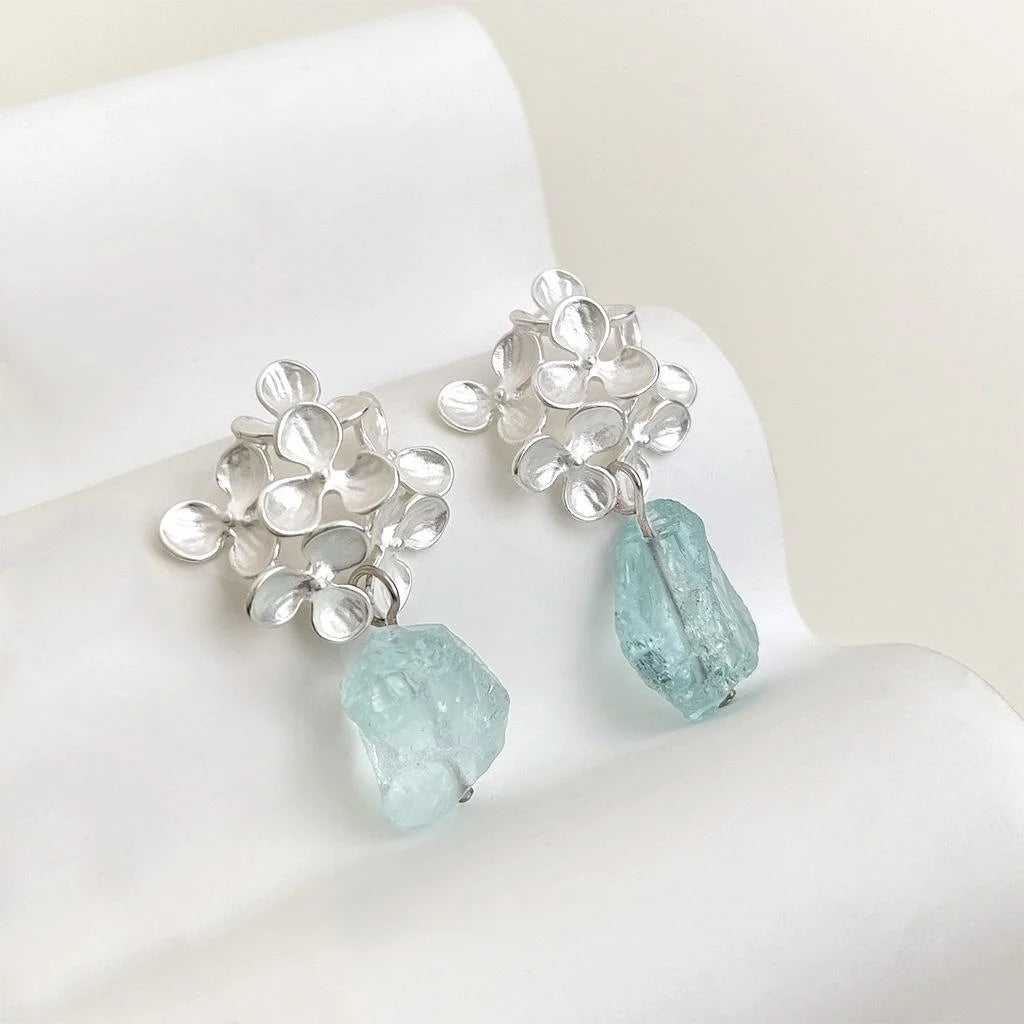 Natural Blue Crystal Flower Copper Drop Earrings Sweet Summer Vacation Jewelry