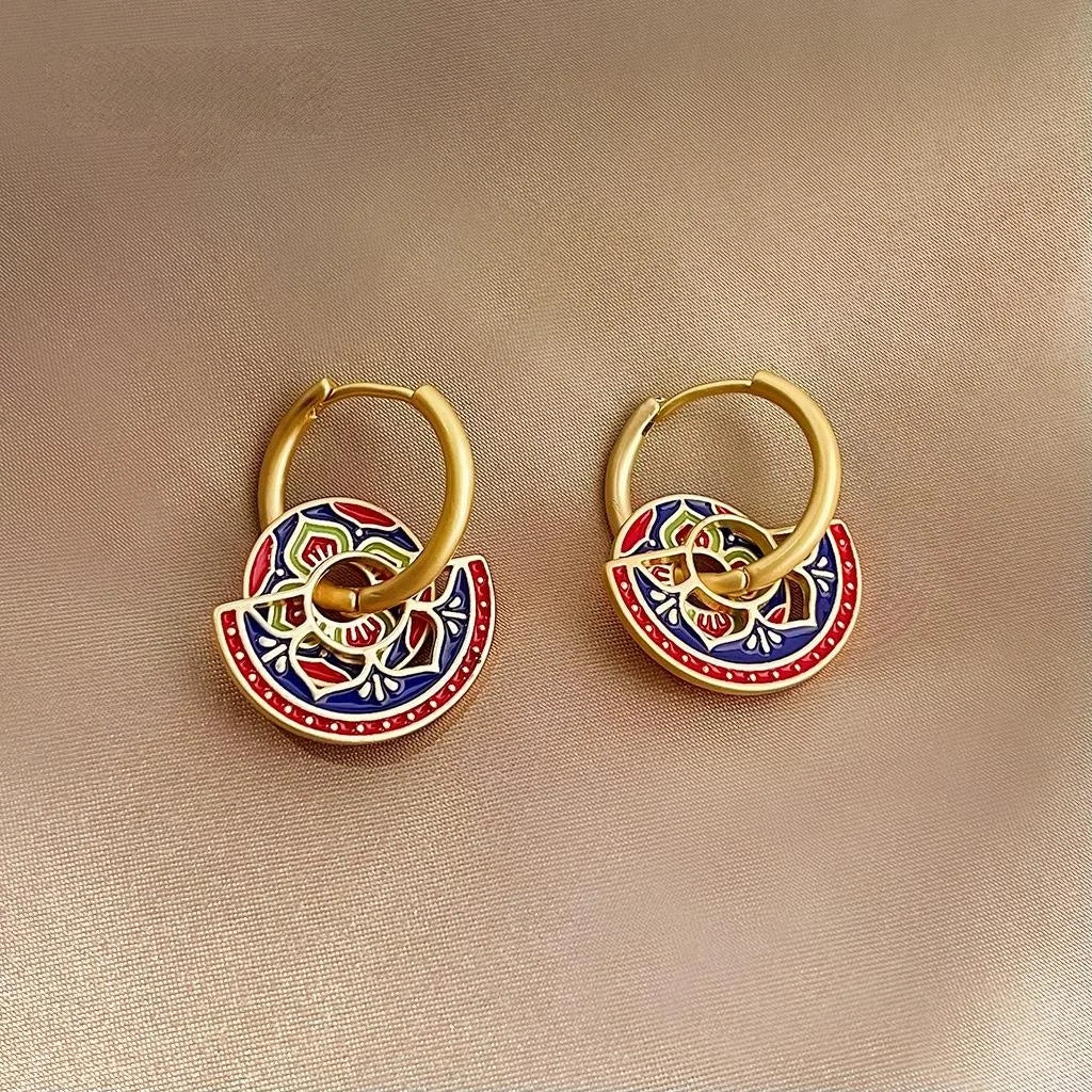 Vintage Ethnic Copper Handmade Painted Enamel Lotus Geometric Drop Earrings