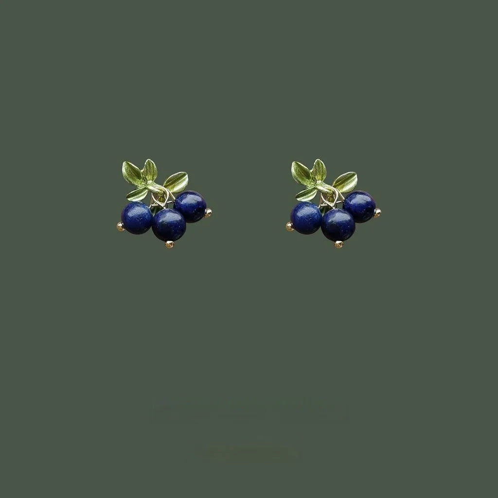 Vintage Artsy Lapis Lazuli Stud Earrings Handmade Silver Plated Textured Minimalist Jewelry