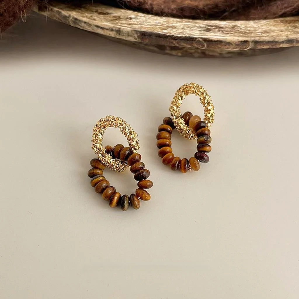 14K Gold Plated Copper Tiger Eye Geometric Hollow Cross Vintage Maillard Handmade Drop Earrings