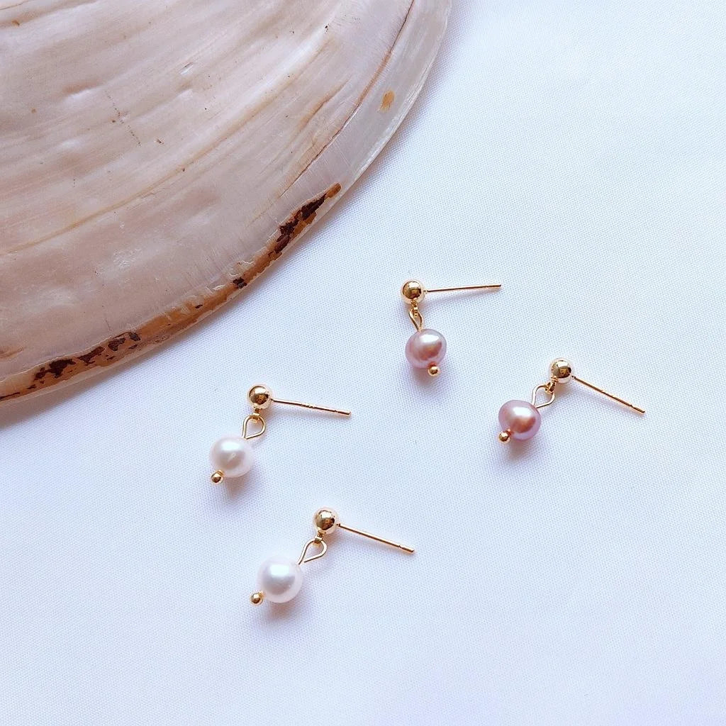 Silver Plated 14K Gold Natural Freshwater Pearl Geometric Minimalist Stud Earrings