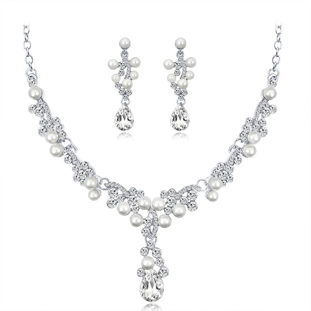 Elegant Bridal Pearl Rhinestone Crystal Drop Earrings And Necklace Jewelry Set For Wedding Party Banquet Gift
