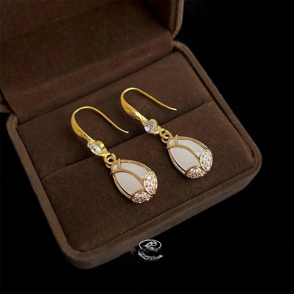 French Vintage Tulip Drop Earrings Copper Micro Pave Zircon Teardrop Glass Crystal Floral Jewelry