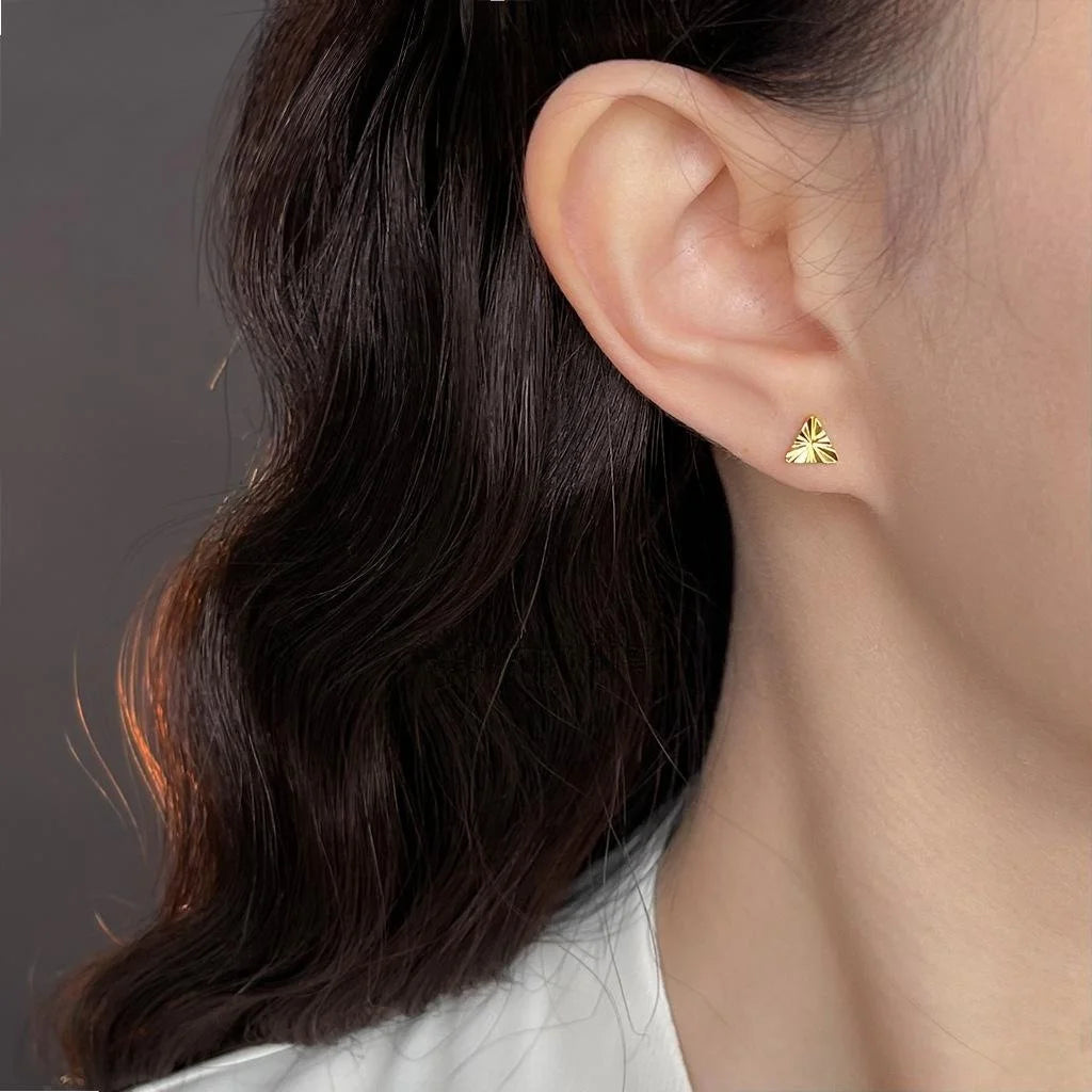 18K Real Gold Plated Copper Mini Triangle Faceted Stud Earrings Light Luxury Jewelry