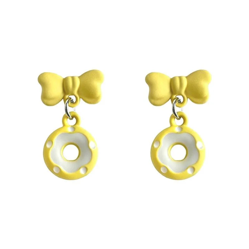 Cute Fresh Bow Donut Drop Earrings Copper Alloy Enamel Silver Plated Needle Jewelry