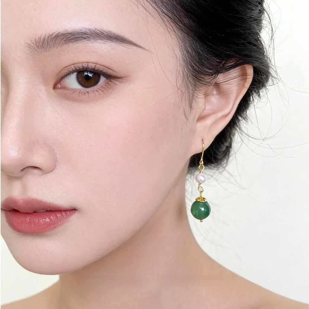 Handmade Green Agate Freshwater Pearl Geometric Bean Drop Earrings Vintage Palace Style